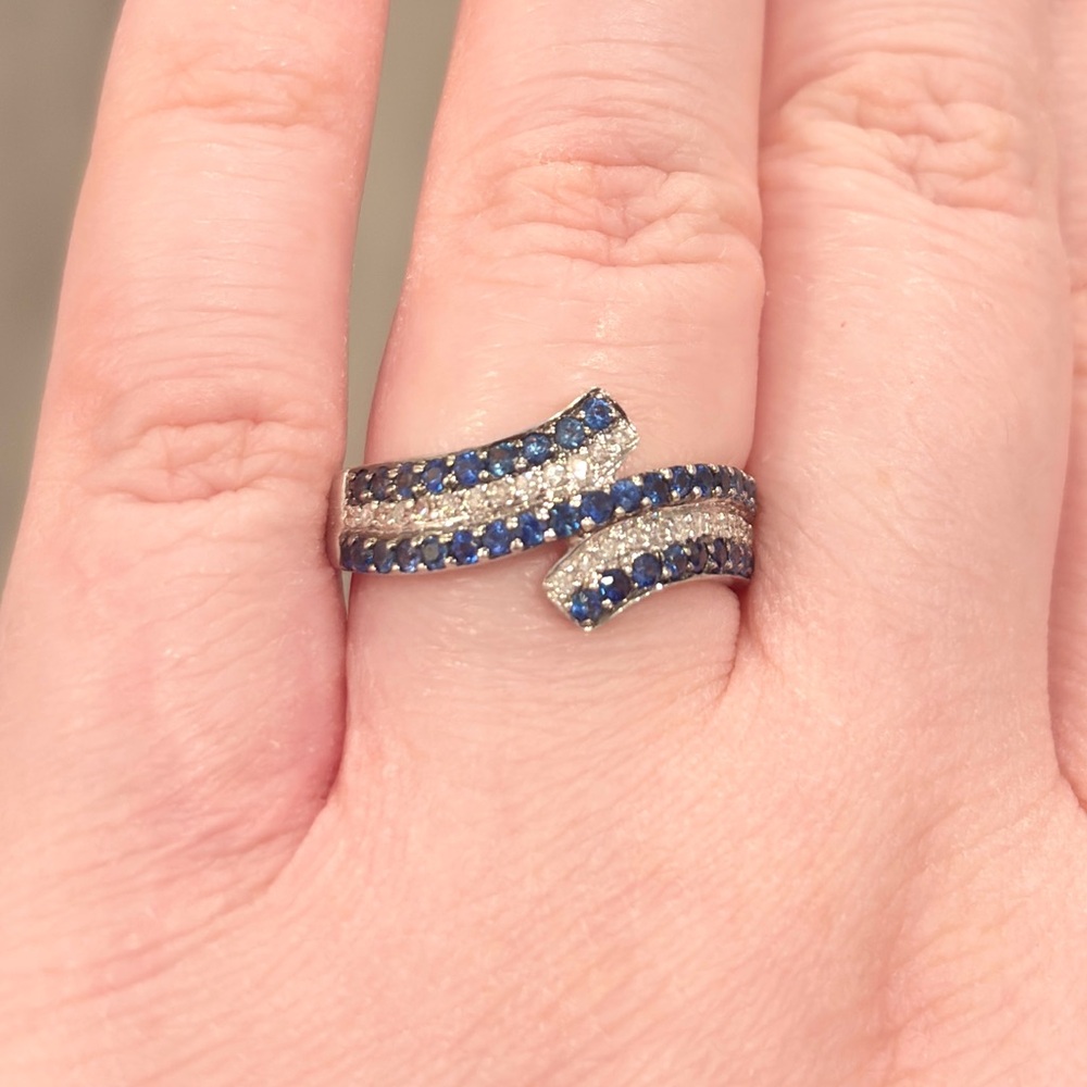 Vintage 14K Sapphire Diamond Ring, Natural Half Carat Blue Wave Size 7.25 - Picture 5 of 14